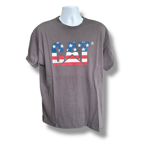 CAT Caterpillar Gray American Flag Logo Short Sleeve Graphic T-shirt Size XL - Picture 1 of 5
